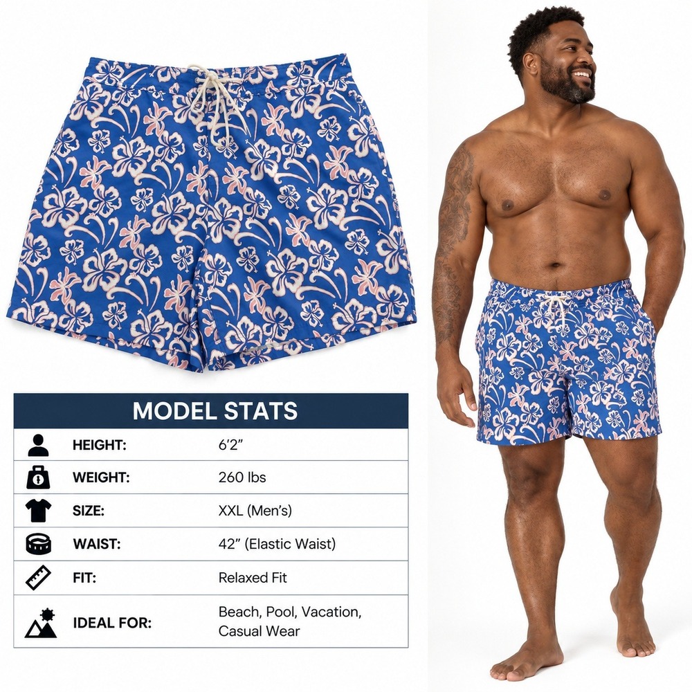 Brooks Brothers 346 Mens XXL Blue Pink Hibiscus Floral Swim Trunks Mesh Lined
